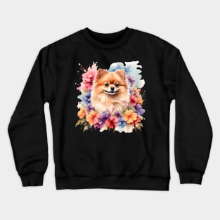 A pomeranian decorated with beautiful watercolor flowers Crewneck Sweatshirt